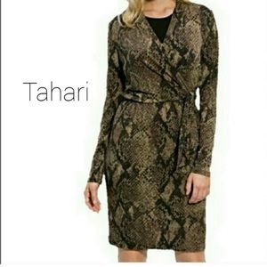 Tahari Brown Snake-Print Long Sleeve Wrap Dress